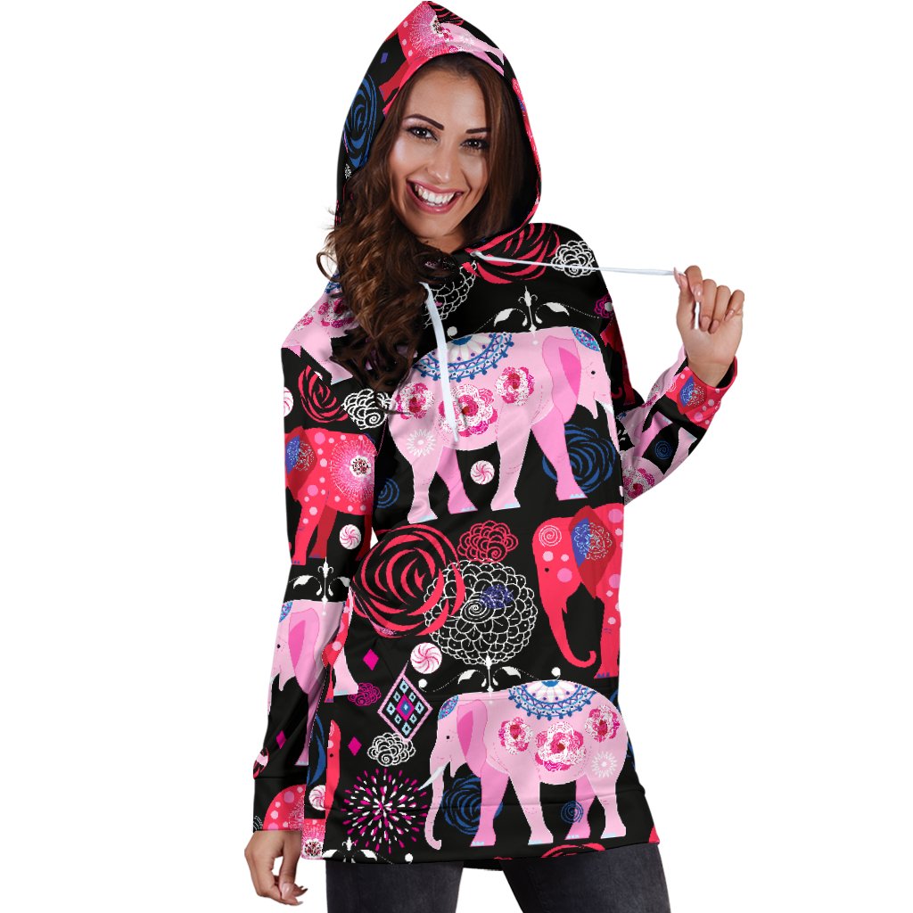 Pink Elephant Pattern Women Hoodie Dress