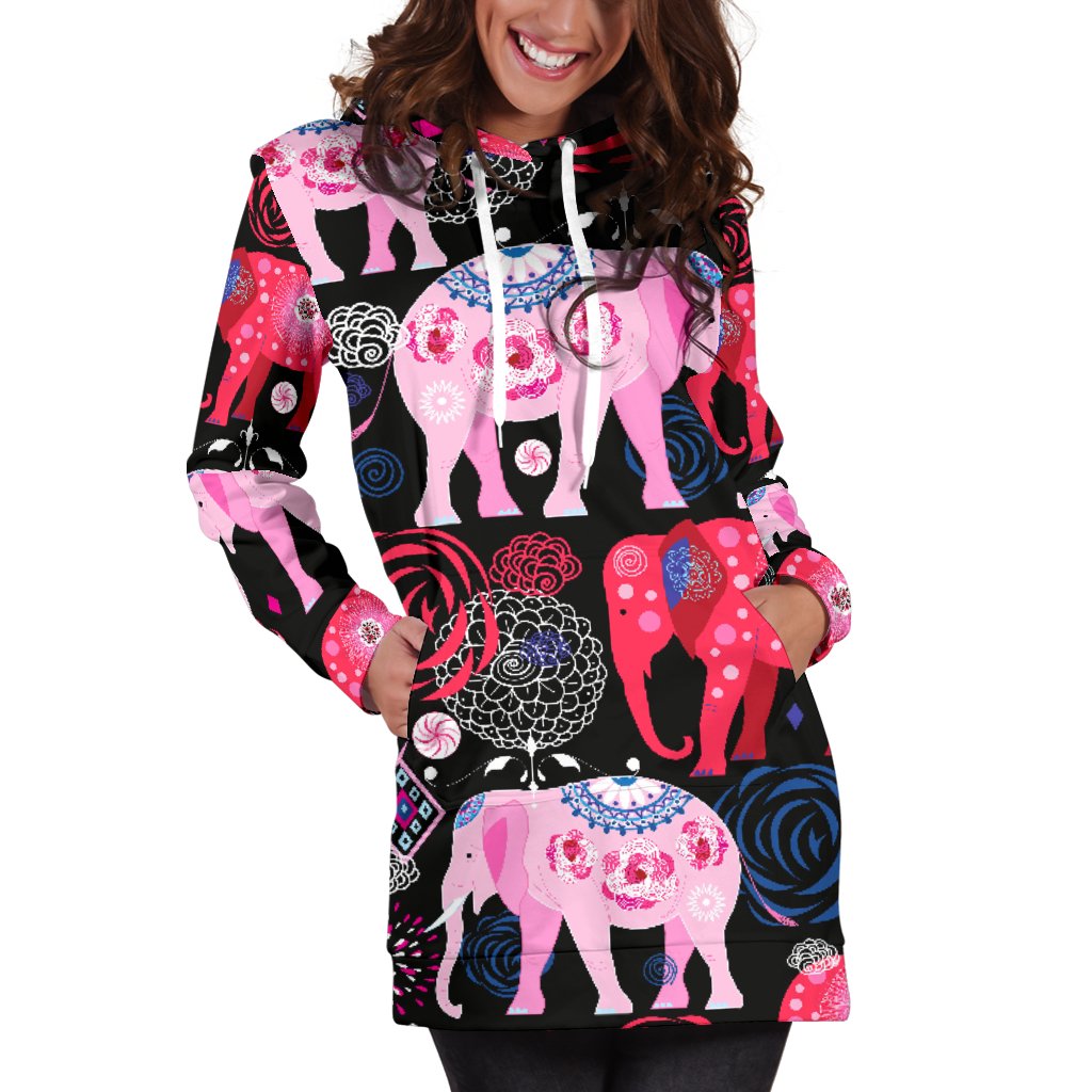 Pink Elephant Pattern Women Hoodie Dress