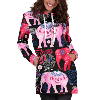 Pink Elephant Pattern Women Hoodie Dress