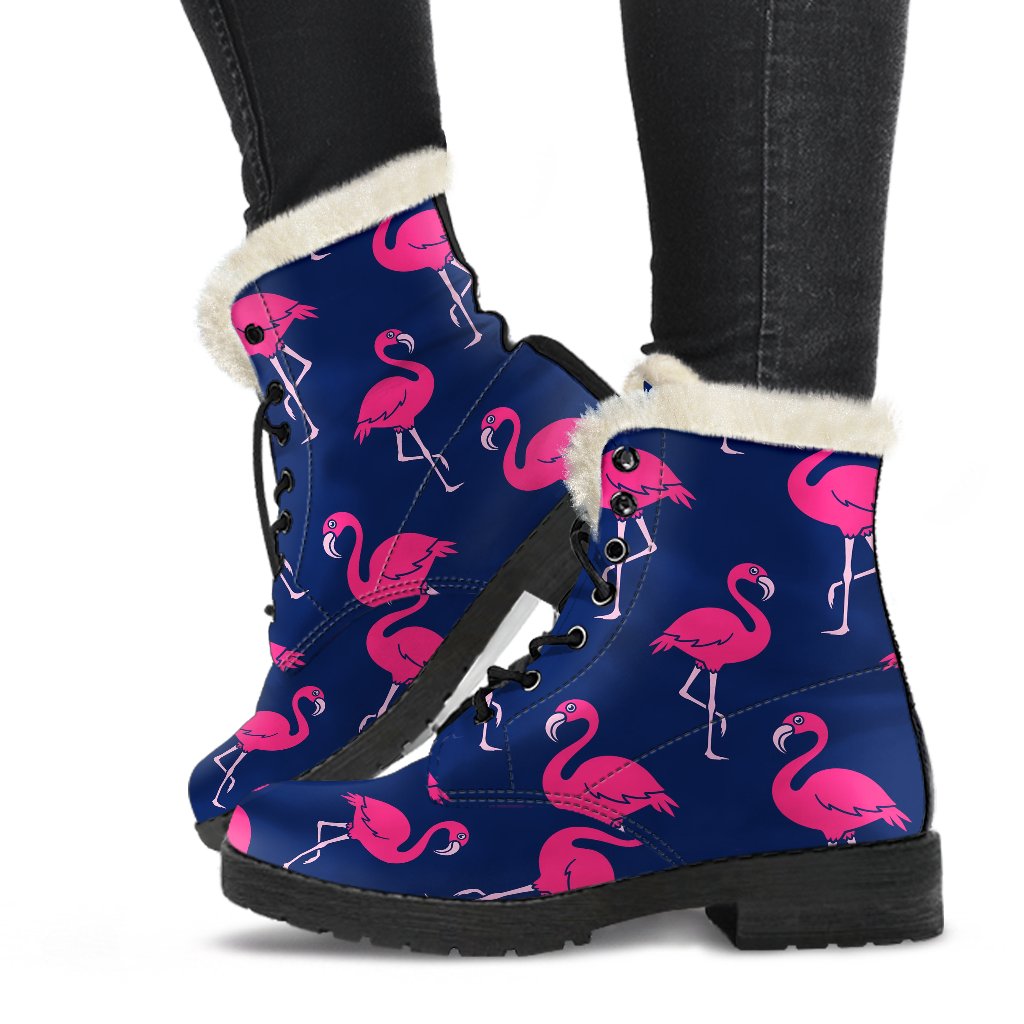 Pink Flamingo Pattern Faux Fur Leather Boots