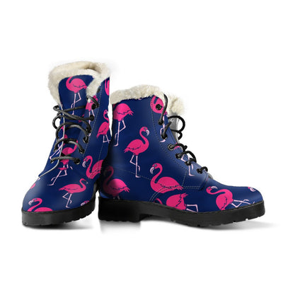 Pink Flamingo Pattern Faux Fur Leather Boots