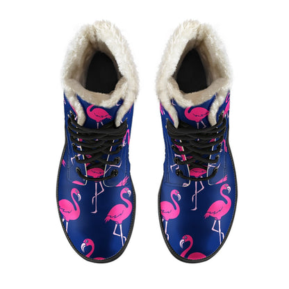 Pink Flamingo Pattern Faux Fur Leather Boots