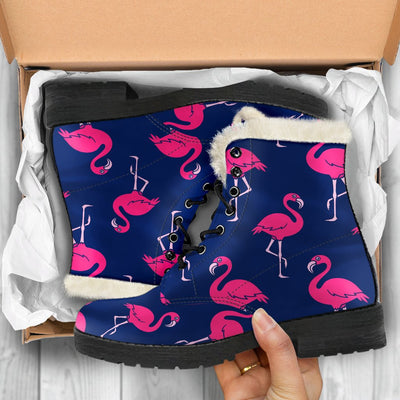 Pink Flamingo Pattern Faux Fur Leather Boots