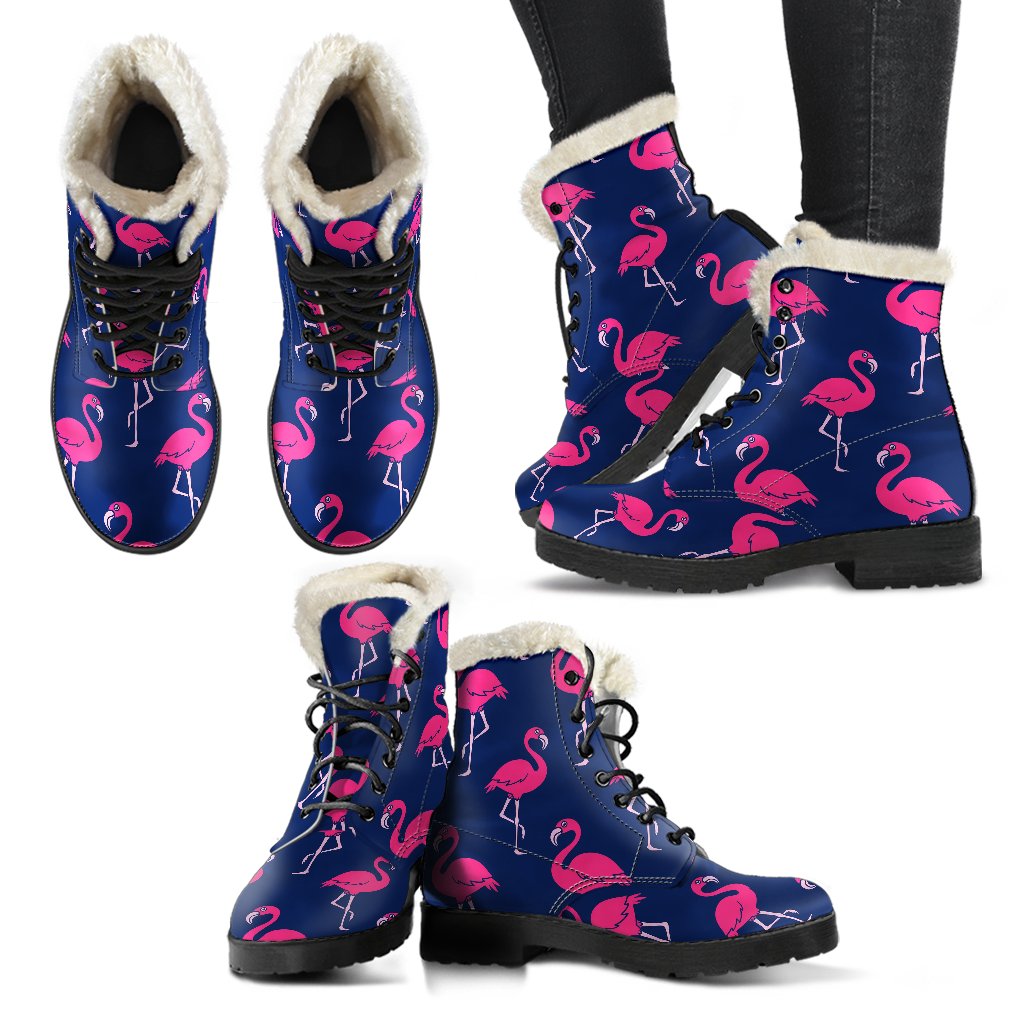 Pink Flamingo Pattern Faux Fur Leather Boots