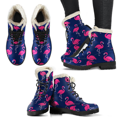 Pink Flamingo Pattern Faux Fur Leather Boots