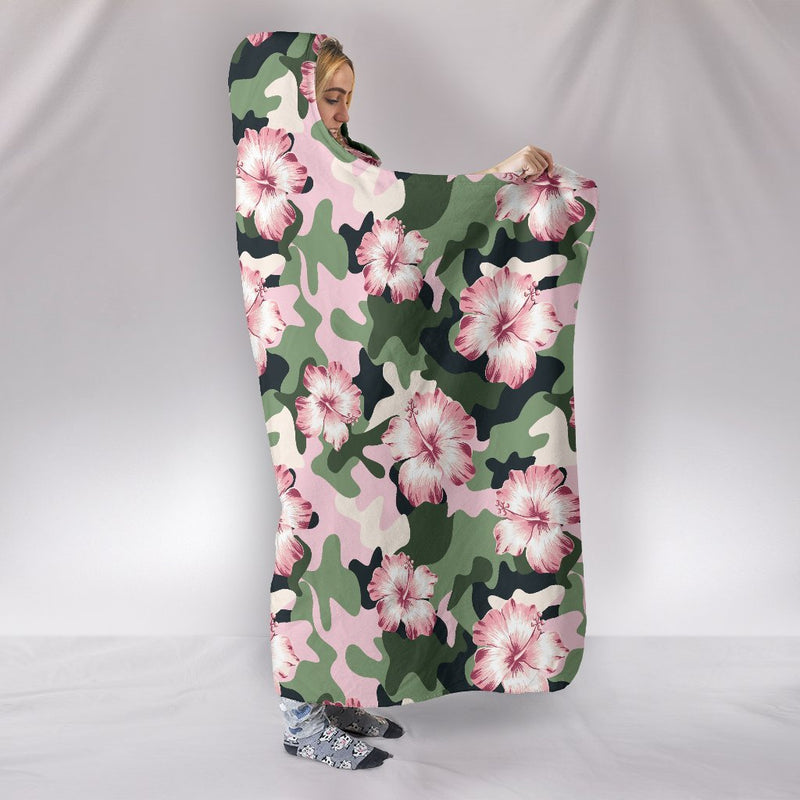 Pink hibiscus camouflage Hooded Blanket