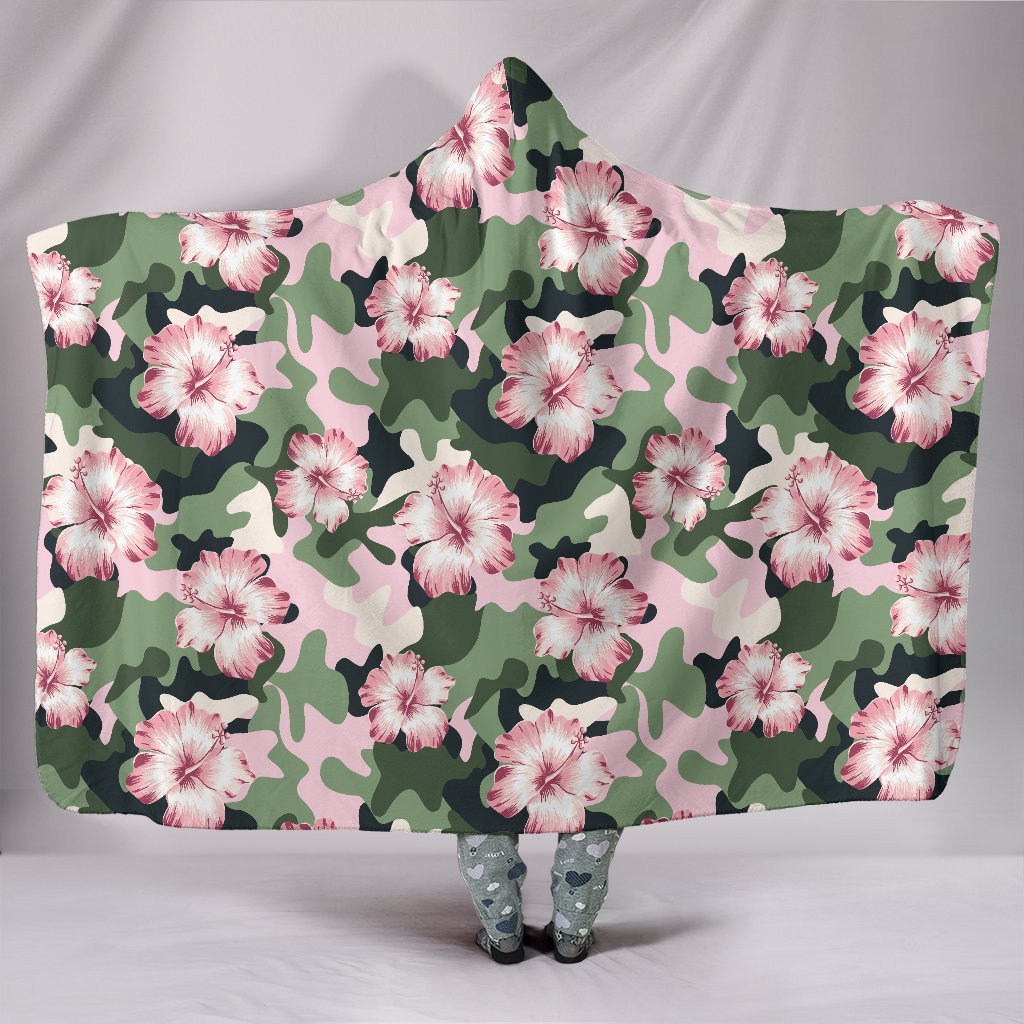 Pink hibiscus camouflage Hooded Blanket