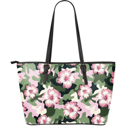 Pink hibiscus camouflage Large Leather Tote Bag