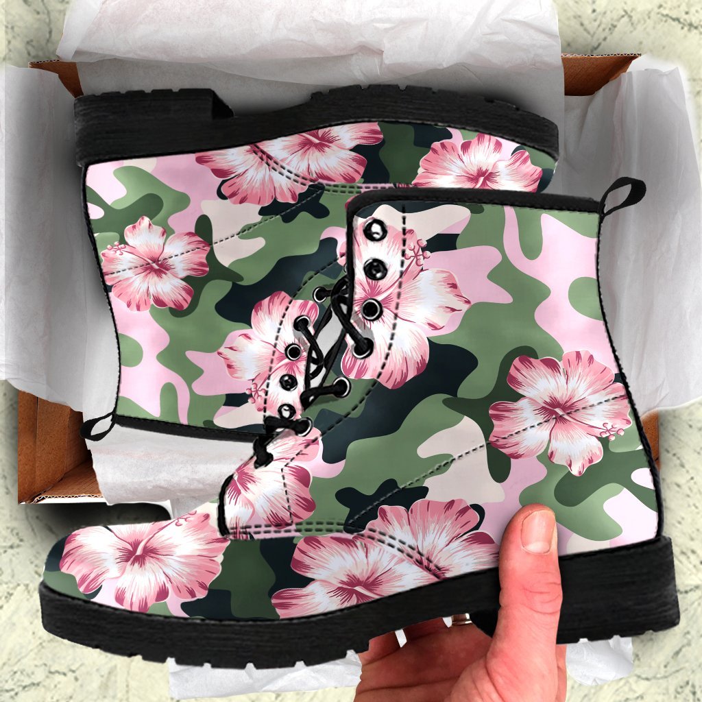 Pink hibiscus camouflage Women Camo Women & Men Leather Boots
