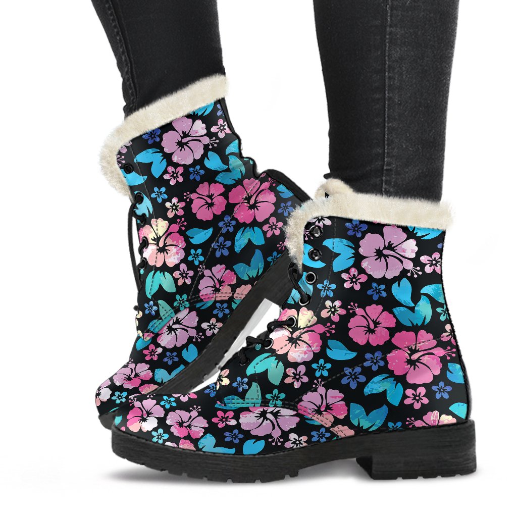 Pink Hibiscus Hawaiian Flower Faux Fur Leather Boots