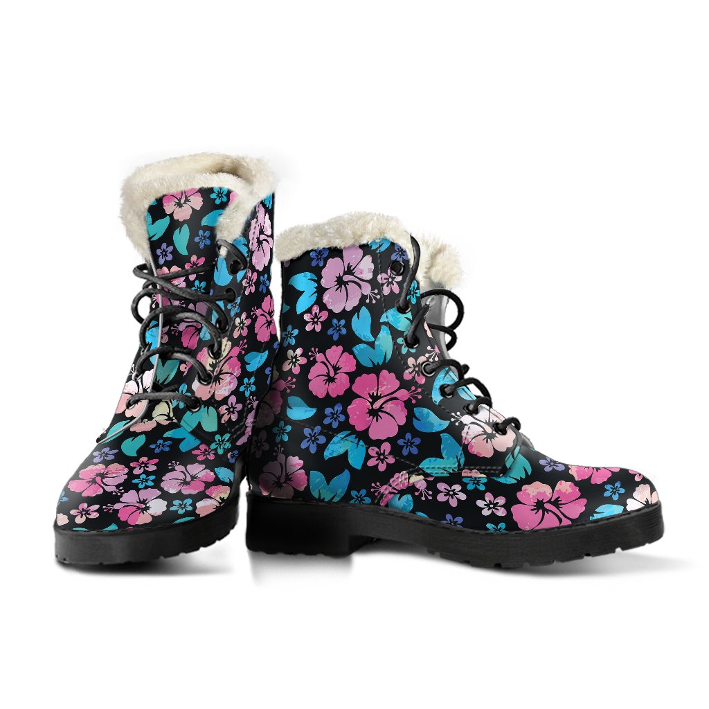 Pink Hibiscus Hawaiian Flower Faux Fur Leather Boots