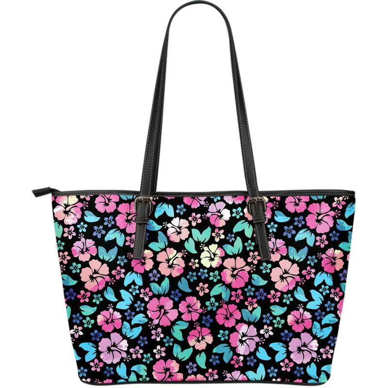 Pink Hibiscus Hawaiian Flower Large Leather Tote Bag