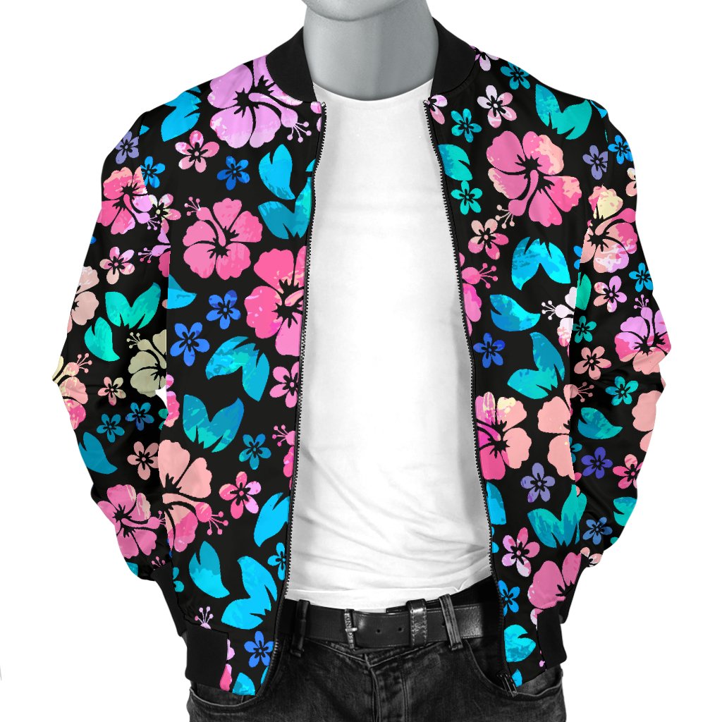 Pink Hibiscus Hawaiian Flower Men Casual Bomber Jacket