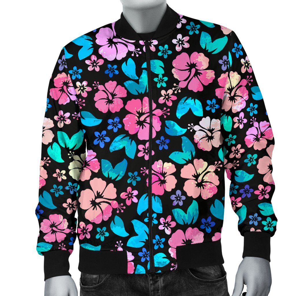 Pink Hibiscus Hawaiian Flower Men Casual Bomber Jacket