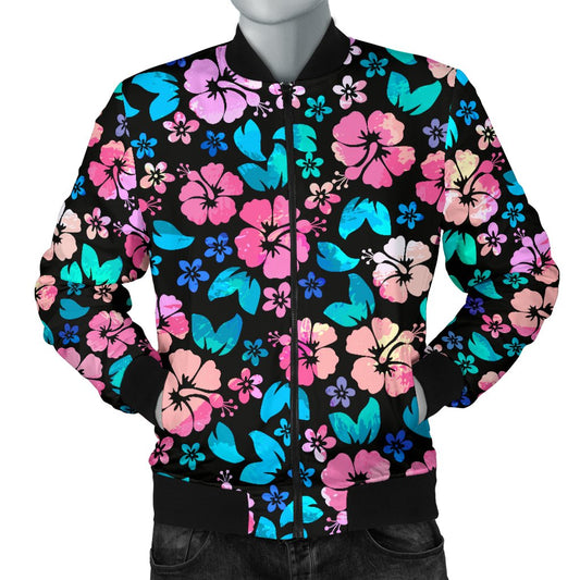 Pink Hibiscus Hawaiian Flower Men Casual Bomber Jacket