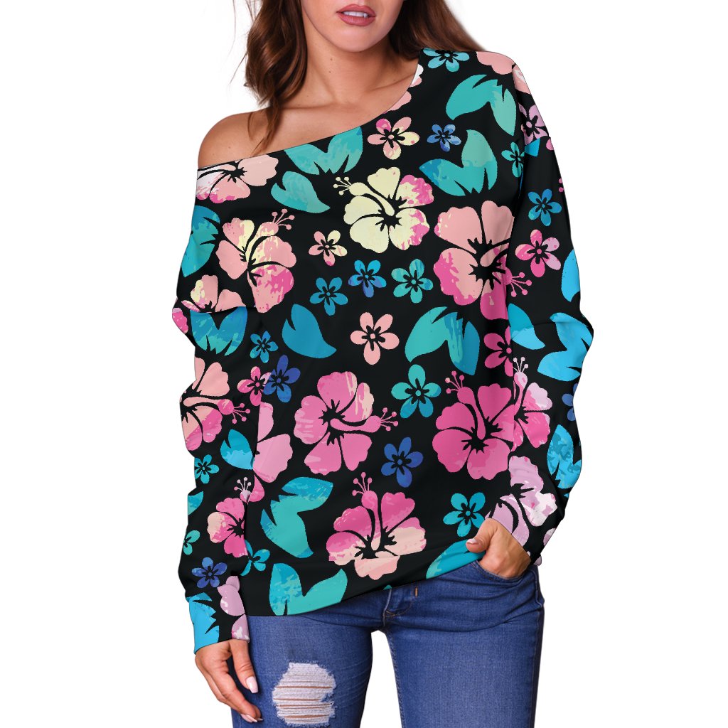 Pink Hibiscus Hawaiian Flower Off Shoulder Sweatshirt