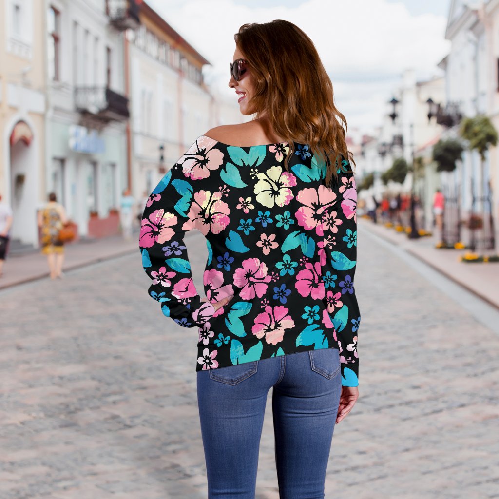 Pink Hibiscus Hawaiian Flower Off Shoulder Sweatshirt