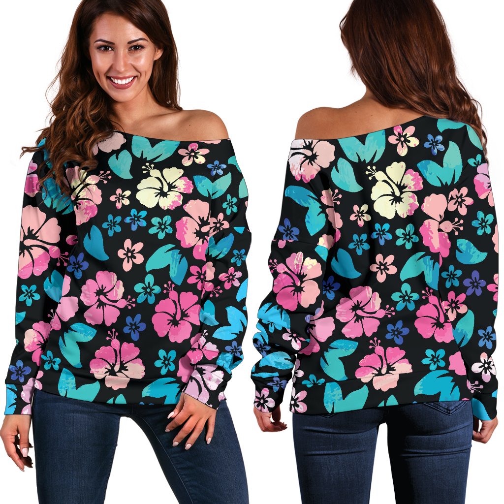 Pink Hibiscus Hawaiian Flower Off Shoulder Sweatshirt