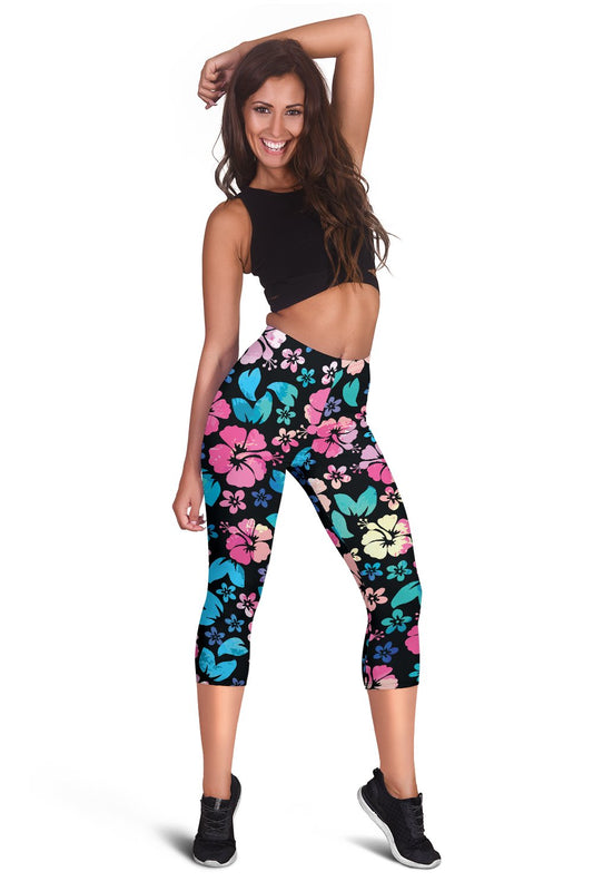 Pink Hibiscus Hawaiian Flower Women Capris
