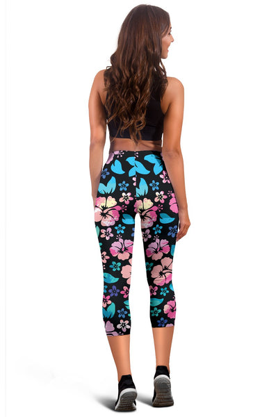 Pink Hibiscus Hawaiian Flower Women Capris