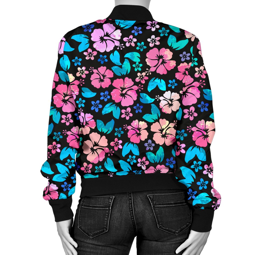 Pink Hibiscus Hawaiian Flower Women Casual Bomber Jacket