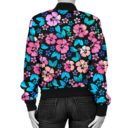 Pink Hibiscus Hawaiian Flower Women Casual Bomber Jacket
