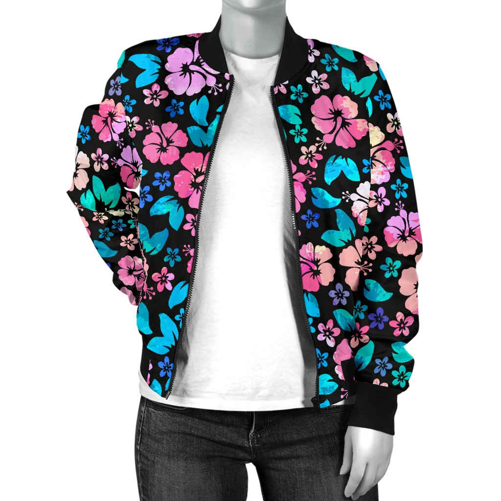 Pink Hibiscus Hawaiian Flower Women Casual Bomber Jacket