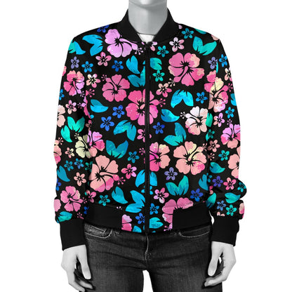 Pink Hibiscus Hawaiian Flower Women Casual Bomber Jacket