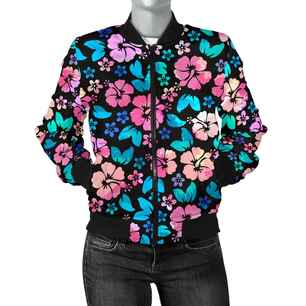Pink Hibiscus Hawaiian Flower Women Casual Bomber Jacket