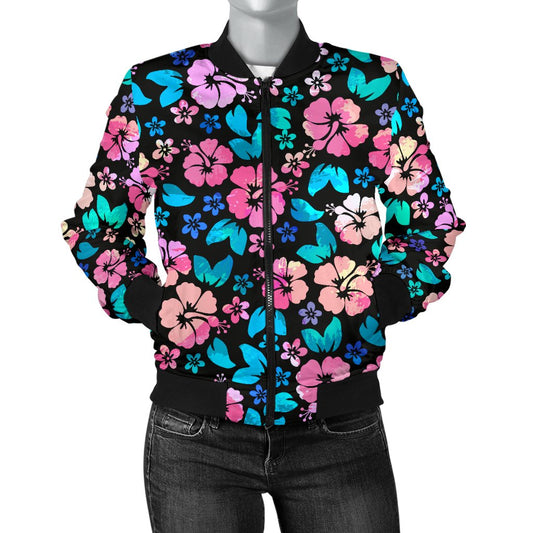 Pink Hibiscus Hawaiian Flower Women Casual Bomber Jacket