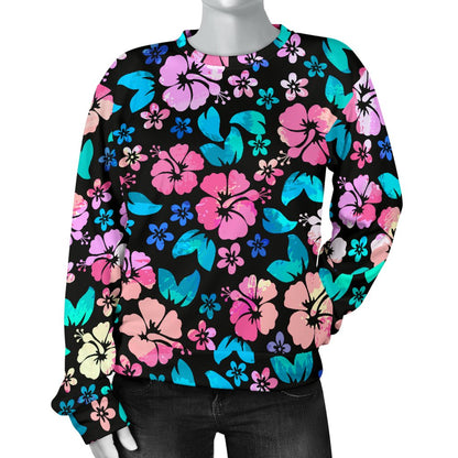 Pink Hibiscus Hawaiian Flower Women Crewneck Sweatshirt