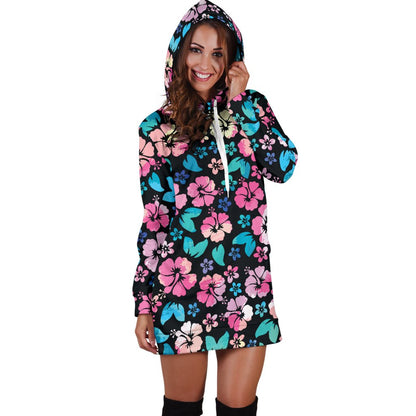 Pink Hibiscus Hawaiian Flower Women Hoodie Dress