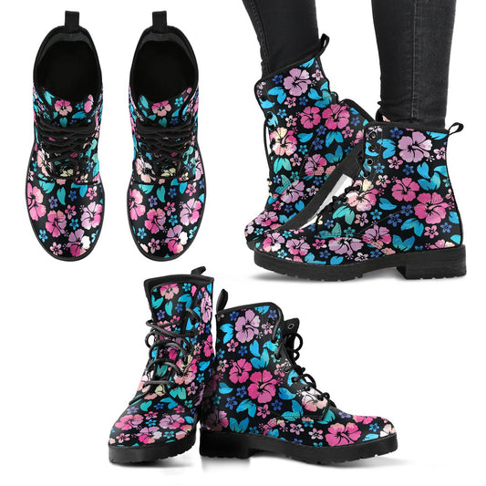 Pink Hibiscus Hawaiian Flower Women Leather Boots