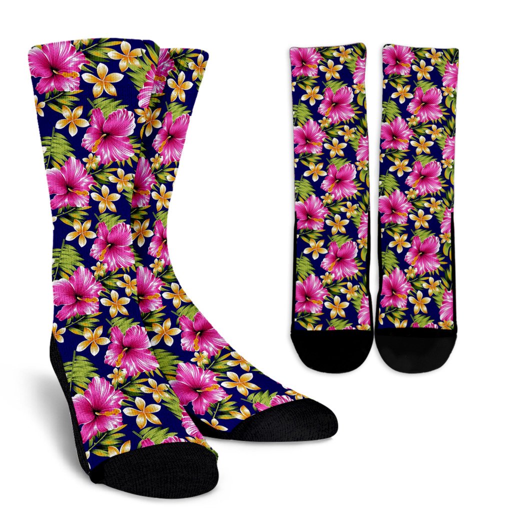 Pink Hibiscus Pattern Print Design HB027 Crew Socks-JORJUNE.COM