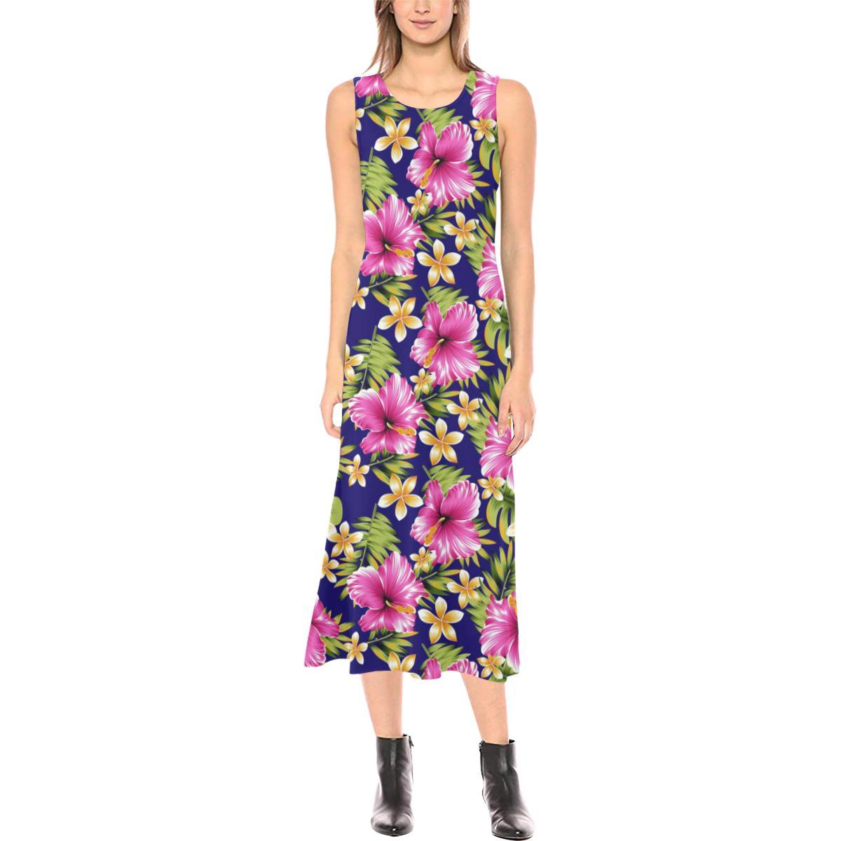 Pink Hibiscus Pattern Print Design HB027 Sleeveless Open Fork Long Dress