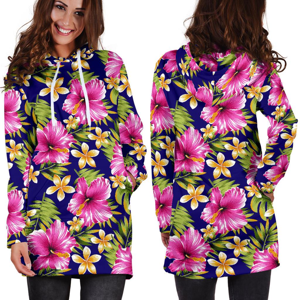 Pink Hibiscus Pattern Print Design HB027 Women Hoodie Dress