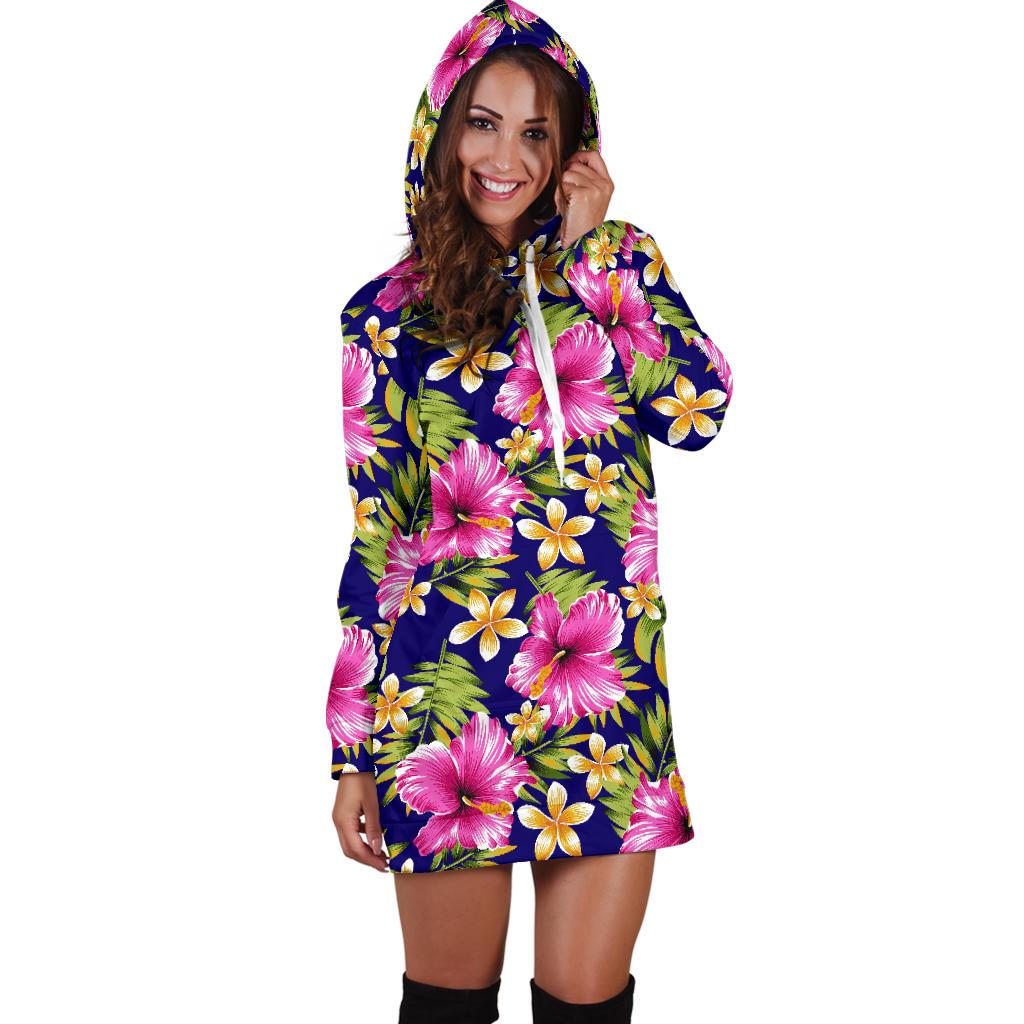 Pink Hibiscus Pattern Print Design HB027 Women Hoodie Dress
