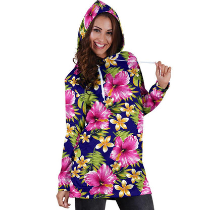 Pink Hibiscus Pattern Print Design HB027 Women Hoodie Dress
