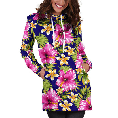 Pink Hibiscus Pattern Print Design HB027 Women Hoodie Dress