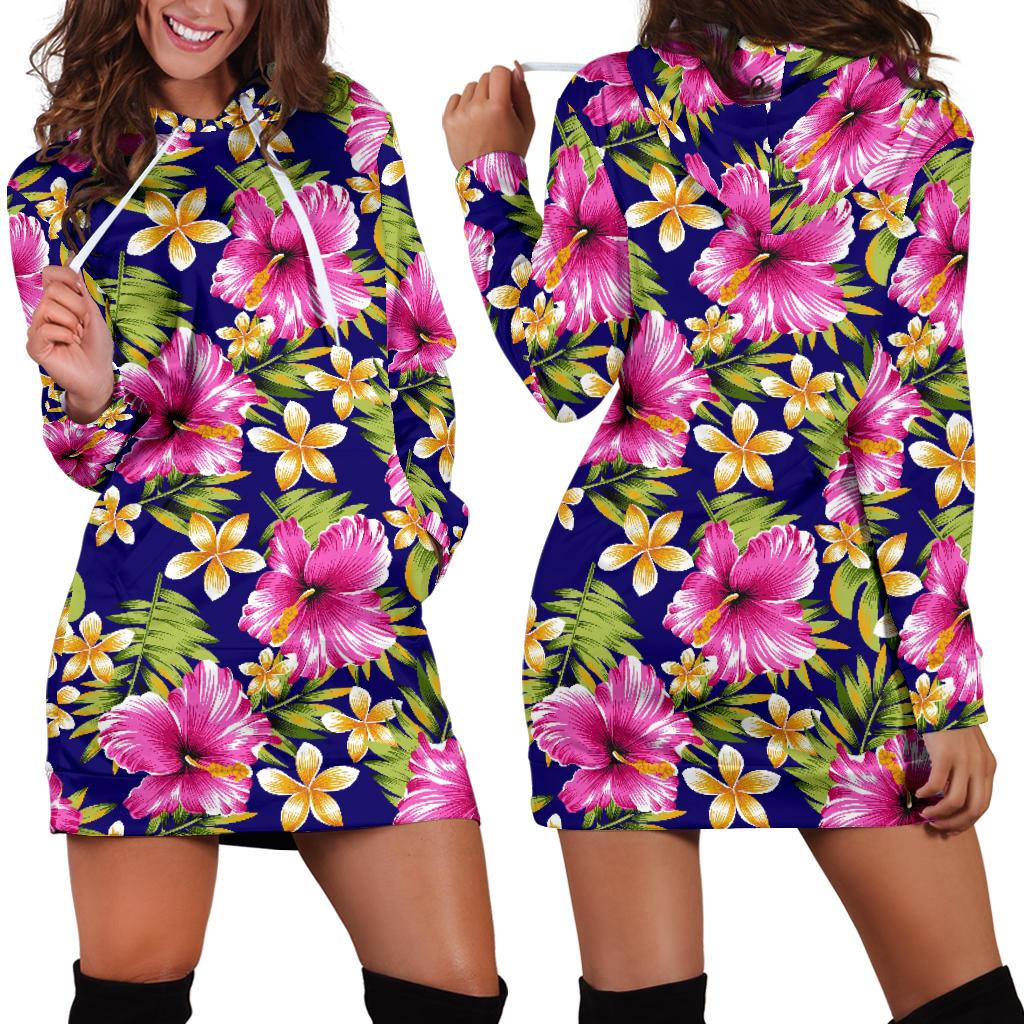 Pink Hibiscus Pattern Print Design HB027 Women Hoodie Dress