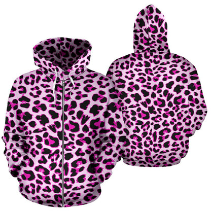 Pink Leopard Print All Over Zip Up Hoodie