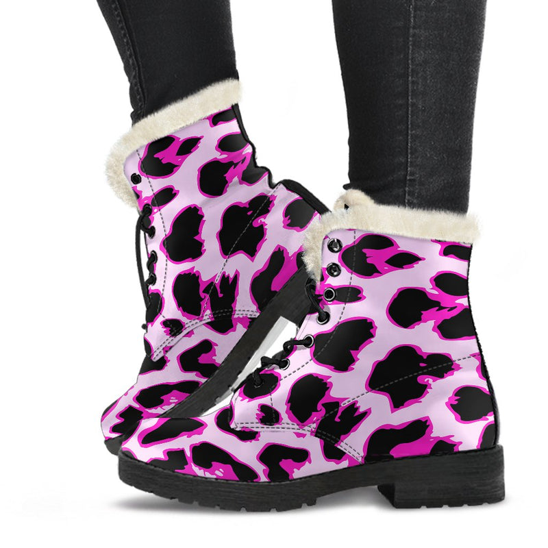 Pink Leopard Print Faux Fur Leather Boots