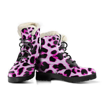 Pink Leopard Print Faux Fur Leather Boots