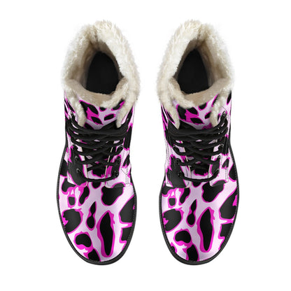 Pink Leopard Print Faux Fur Leather Boots
