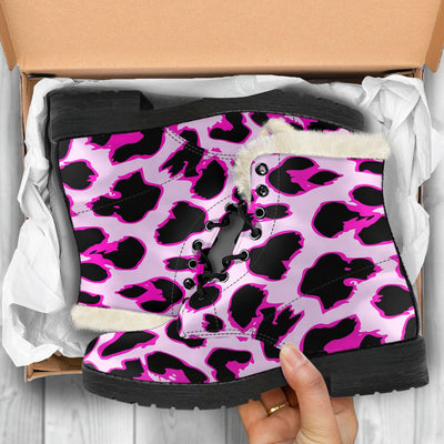 Pink Leopard Print Faux Fur Leather Boots