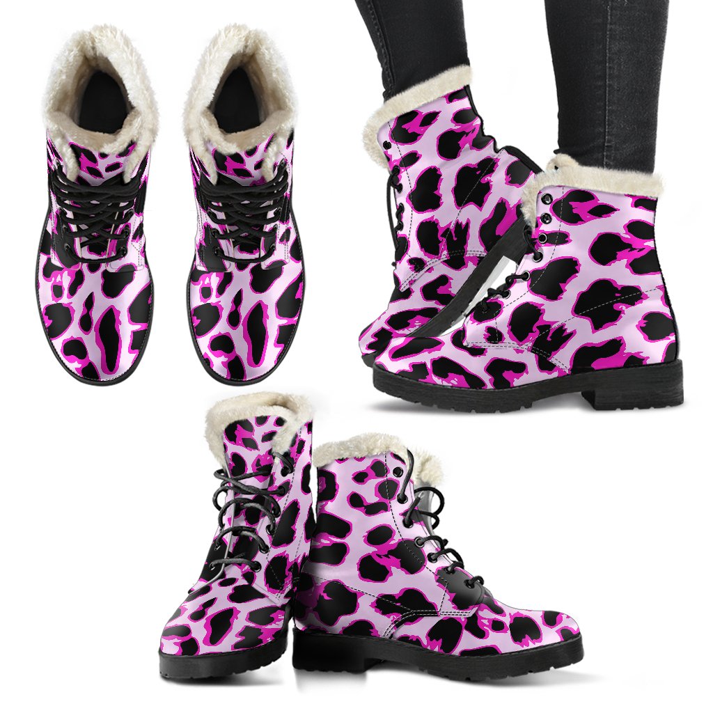 Pink Leopard Print Faux Fur Leather Boots