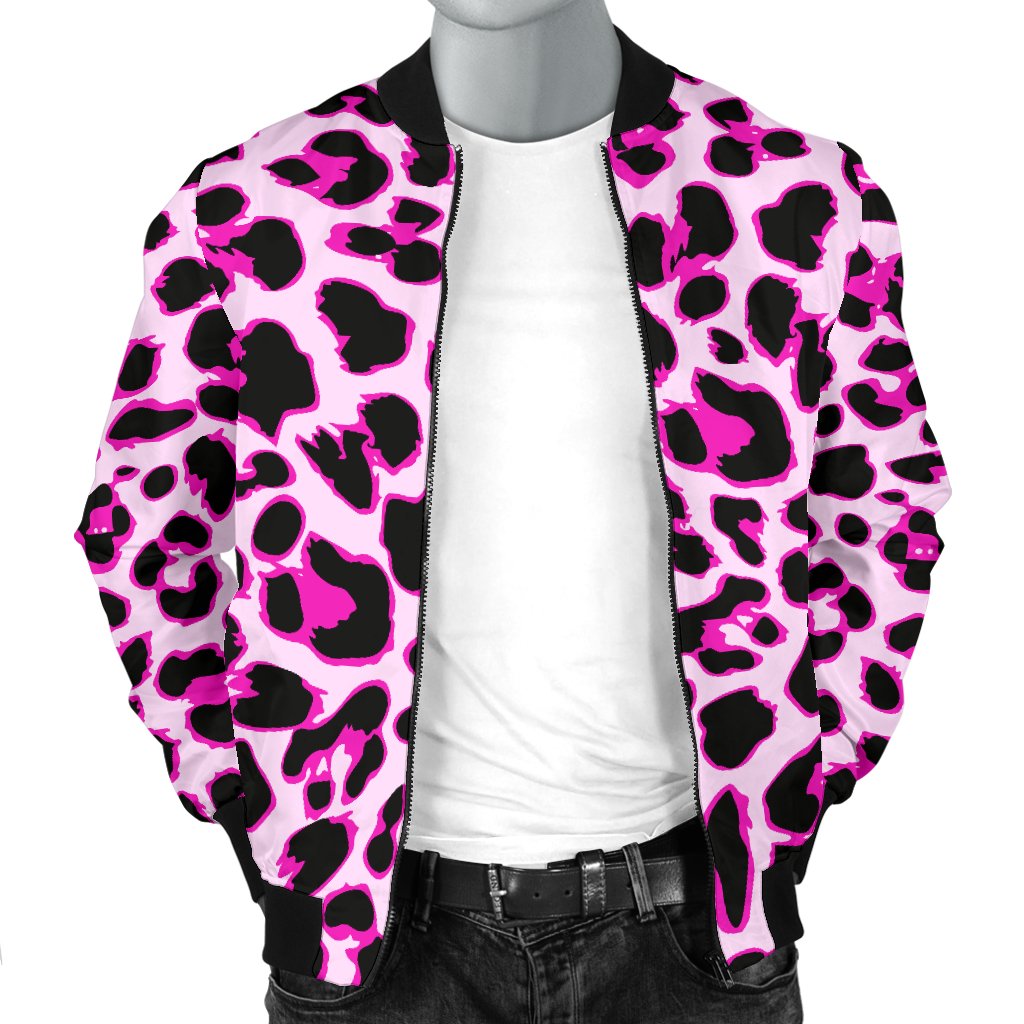 Pink Leopard Print Men Casual Bomber Jacket