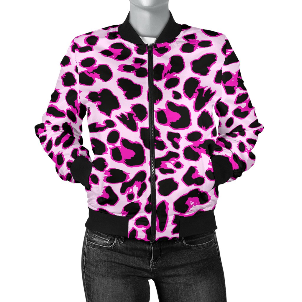 Pink Leopard Print Women Casual Bomber Jacket