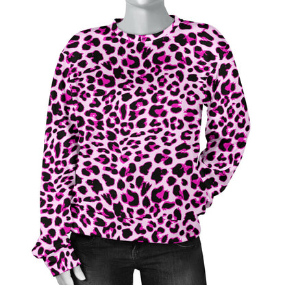 Pink Leopard Print Women Crewneck Sweatshirt