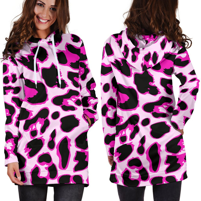 Pink Leopard Print Women Hoodie Dress